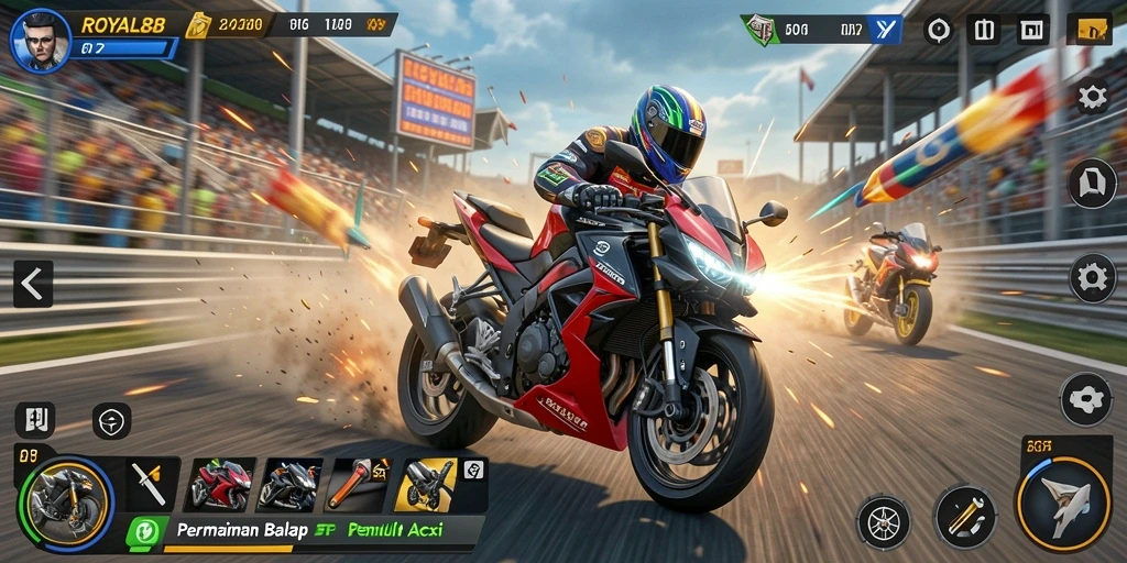 Tampilan gameplay ROYAL88 yang memukau dengan balapan motor cepat.