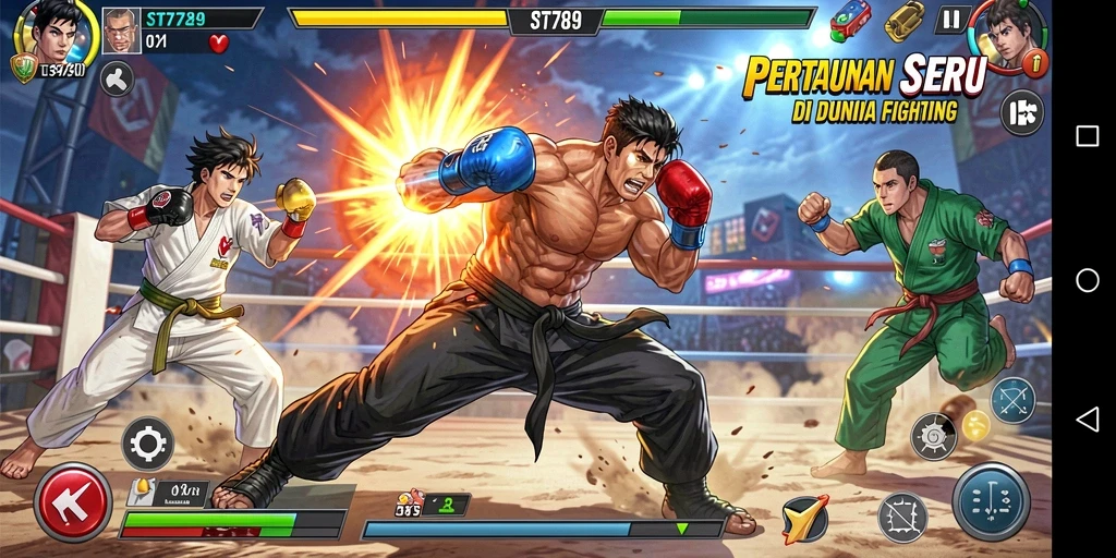 Screenshot gameplay ST789 menampilkan pertarungan seru di arena.