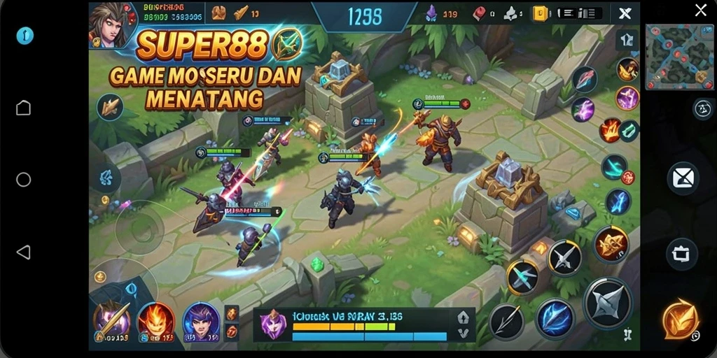 Screenshot gameplay SUPER88 yang menampilkan pertempuran seru di arena MOBA.