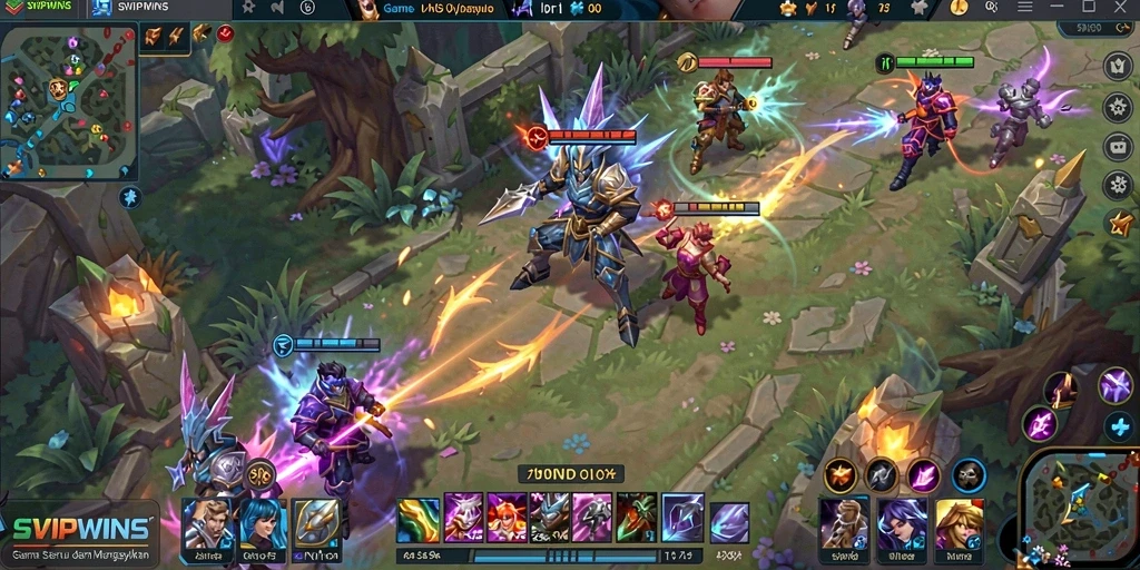 Screenshot SVIPWINS menampilkan aksi karakter di arena pertempuran MOBA.